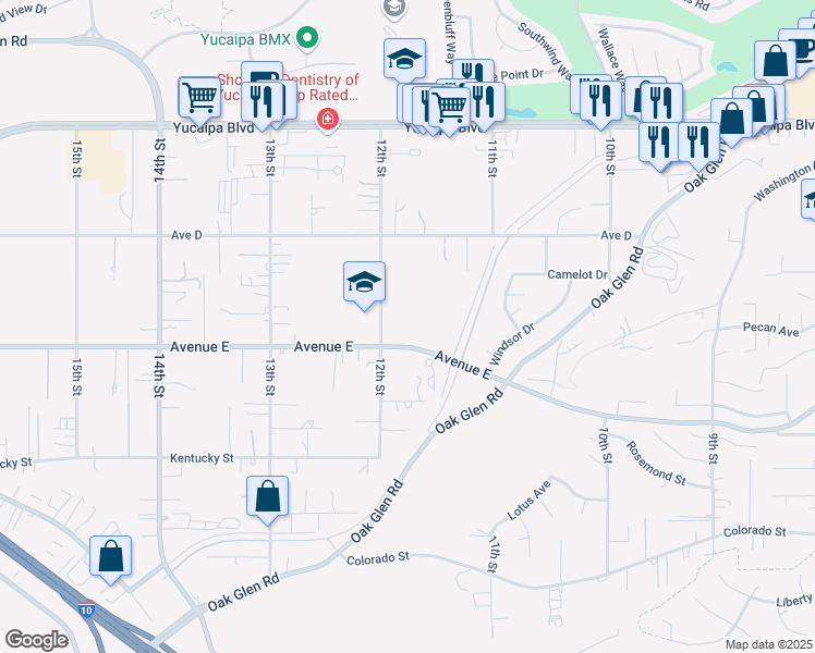 map of restaurants, bars, coffee shops, grocery stores, and more near 12th Street in Yucaipa