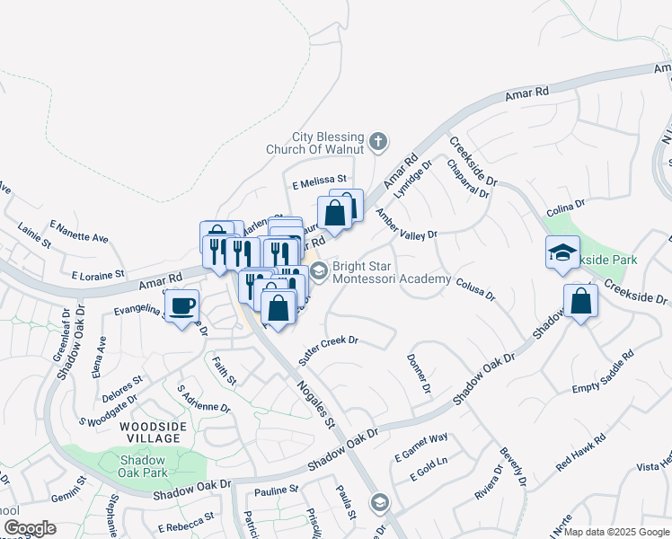 map of restaurants, bars, coffee shops, grocery stores, and more near 860 Francesca Drive in Walnut