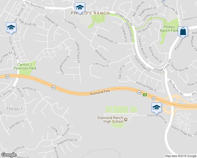 map of restaurants, bars, coffee shops, grocery stores, and more near 35 Franciscan Place in Pomona