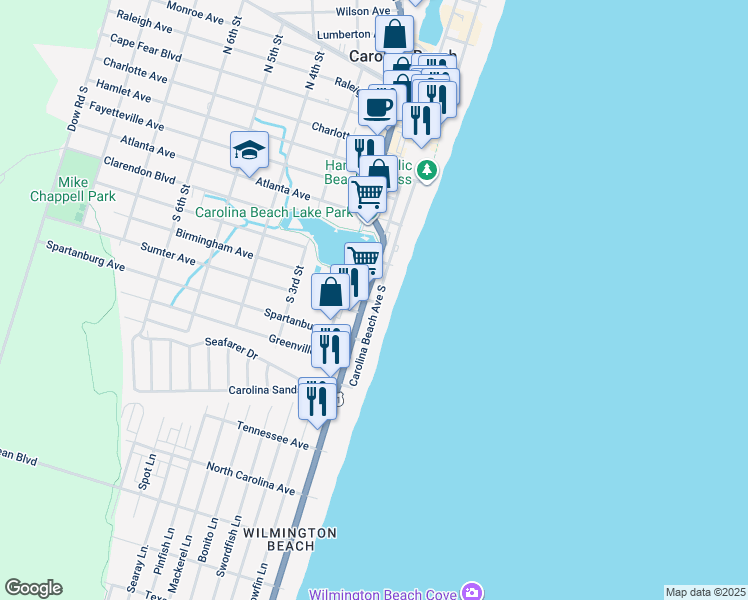 map of restaurants, bars, coffee shops, grocery stores, and more near 616 Carolina Beach Avenue South in Carolina Beach