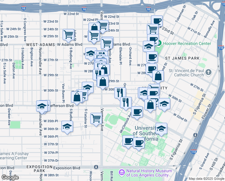 map of restaurants, bars, coffee shops, grocery stores, and more near 1225 West 30th Street in Los Angeles