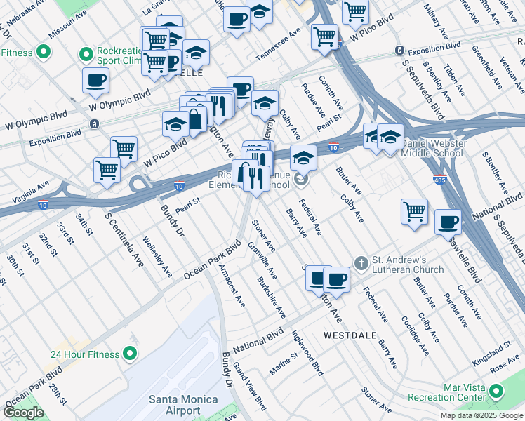 map of restaurants, bars, coffee shops, grocery stores, and more near 2575 South Barrington Avenue in Los Angeles