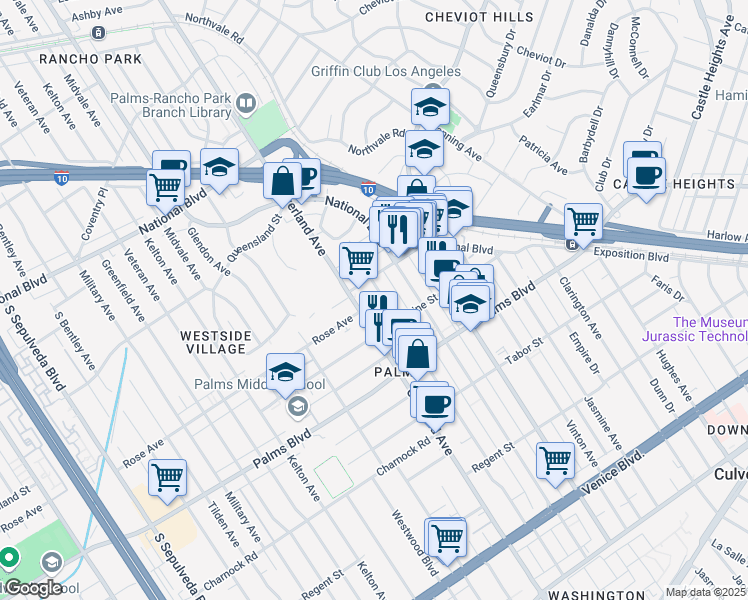 map of restaurants, bars, coffee shops, grocery stores, and more near 3329 Keystone Avenue in Los Angeles