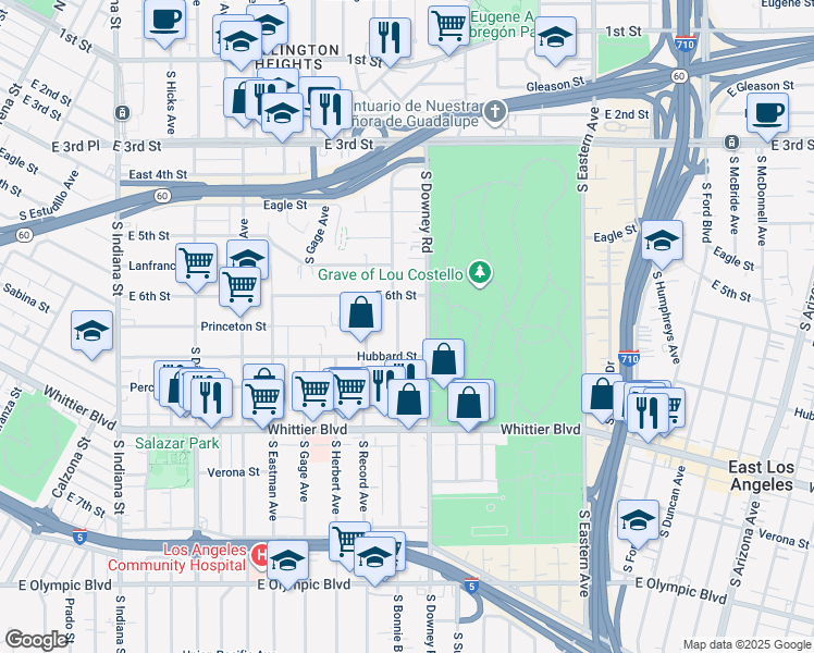 map of restaurants, bars, coffee shops, grocery stores, and more near 634 South Bonnie Beach Place in Los Angeles