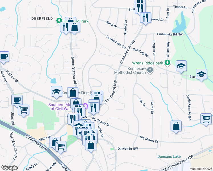 map of restaurants, bars, coffee shops, grocery stores, and more near 3057 Windover Lane in Kennesaw