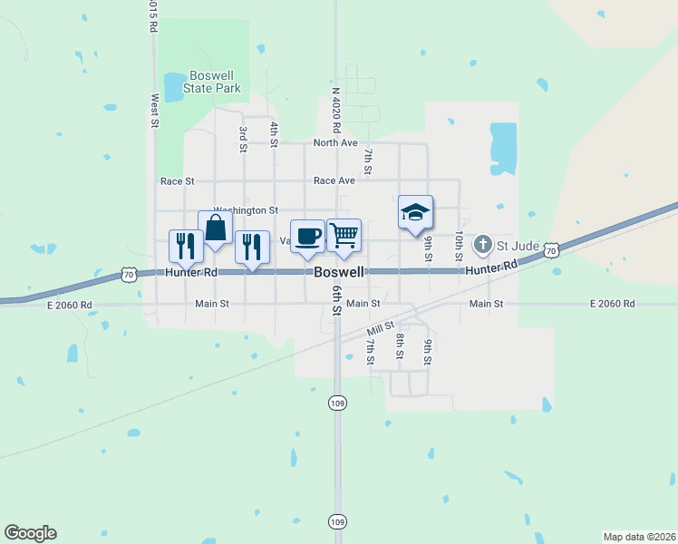 map of restaurants, bars, coffee shops, grocery stores, and more near in Boswell