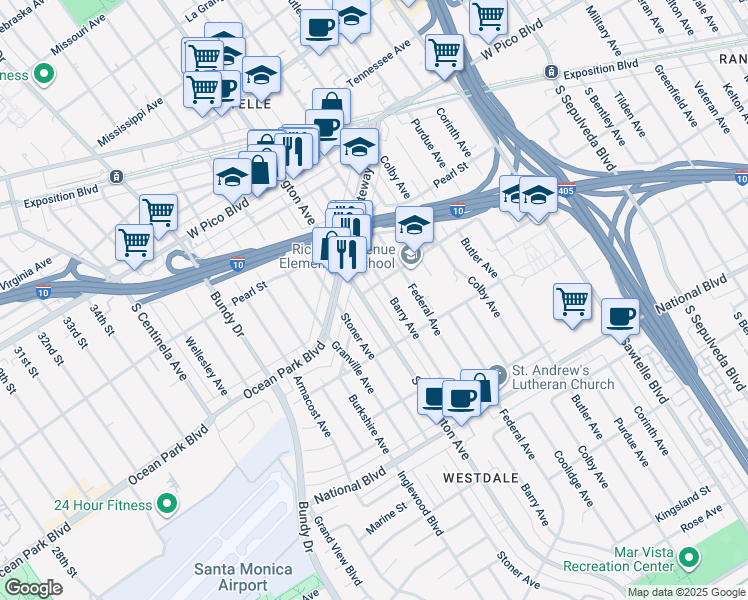 map of restaurants, bars, coffee shops, grocery stores, and more near 2618 South Barrington Avenue in Los Angeles
