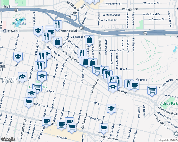 map of restaurants, bars, coffee shops, grocery stores, and more near 5644 East Beverly Boulevard in East Los Angeles