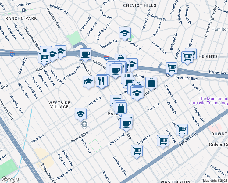 map of restaurants, bars, coffee shops, grocery stores, and more near 3345 Mentone Avenue in Los Angeles