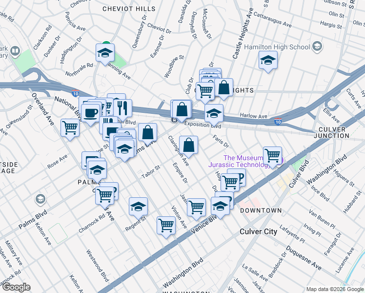 map of restaurants, bars, coffee shops, grocery stores, and more near 10021 Tabor Street in Los Angeles