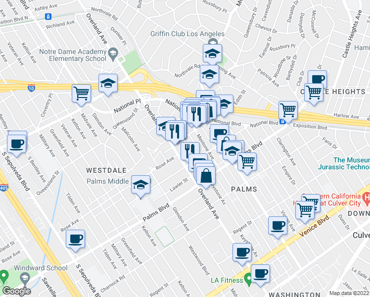 map of restaurants, bars, coffee shops, grocery stores, and more near 3329 Keystone Avenue in Los Angeles