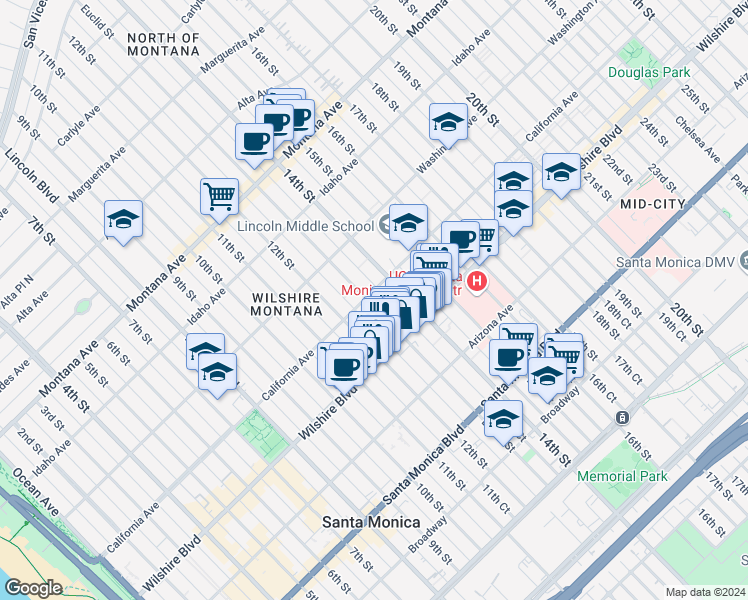 map of restaurants, bars, coffee shops, grocery stores, and more near 1308 California Avenue in Santa Monica