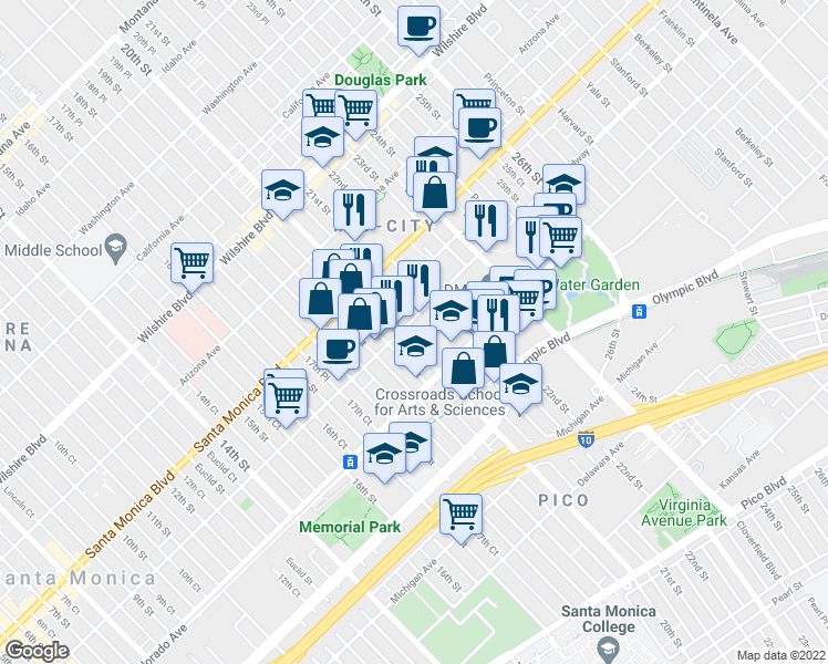map of restaurants, bars, coffee shops, grocery stores, and more near 1507 20th Street in Santa Monica