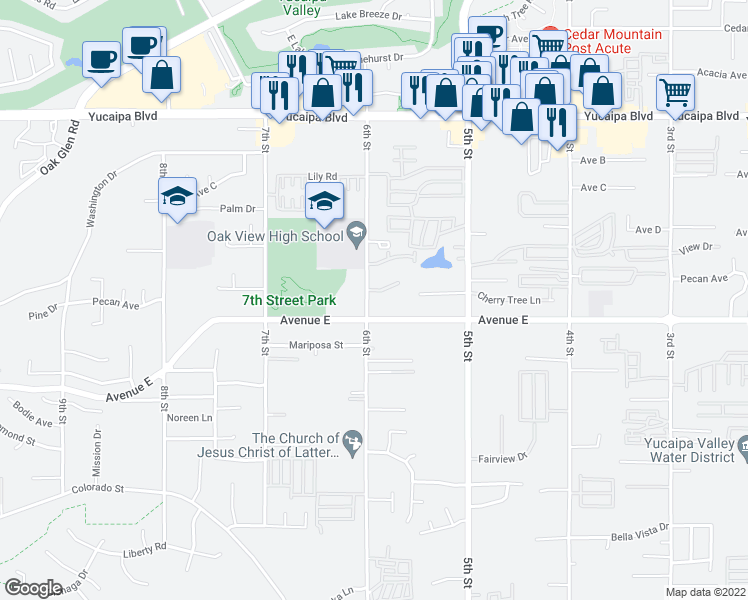 map of restaurants, bars, coffee shops, grocery stores, and more near 12449 6th Street in Yucaipa