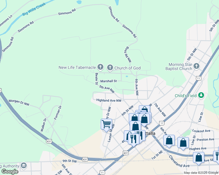 map of restaurants, bars, coffee shops, grocery stores, and more near 203 Marshall Street Northwest in Attalla