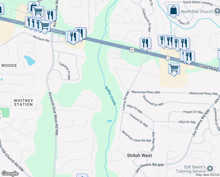 map of restaurants, bars, coffee shops, grocery stores, and more near 3973 Loring Road in Kennesaw