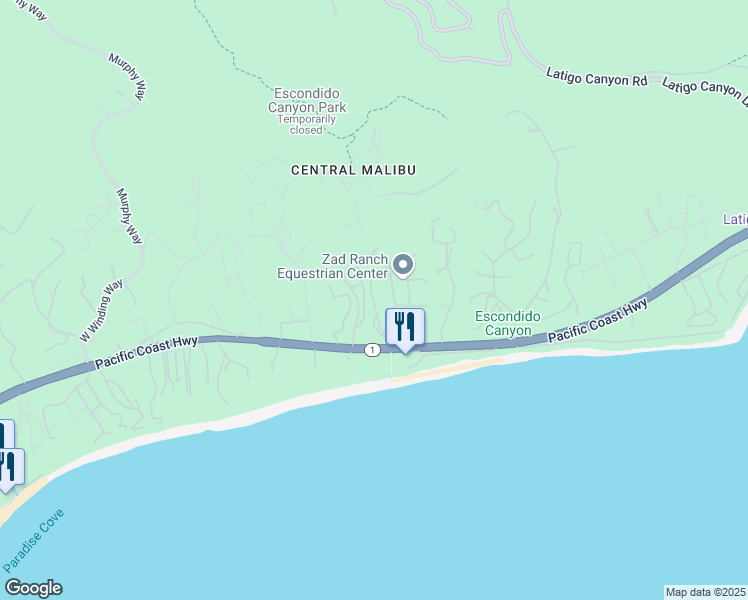 map of restaurants, bars, coffee shops, grocery stores, and more near 27405 California 1 in Malibu