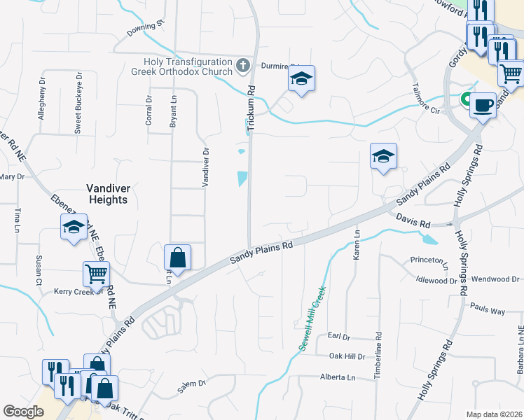 map of restaurants, bars, coffee shops, grocery stores, and more near 3150 Trickum Road in Marietta