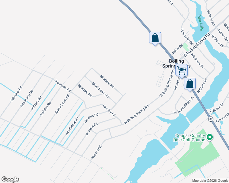 map of restaurants, bars, coffee shops, grocery stores, and more near Bluebird Road in Boiling Spring Lakes