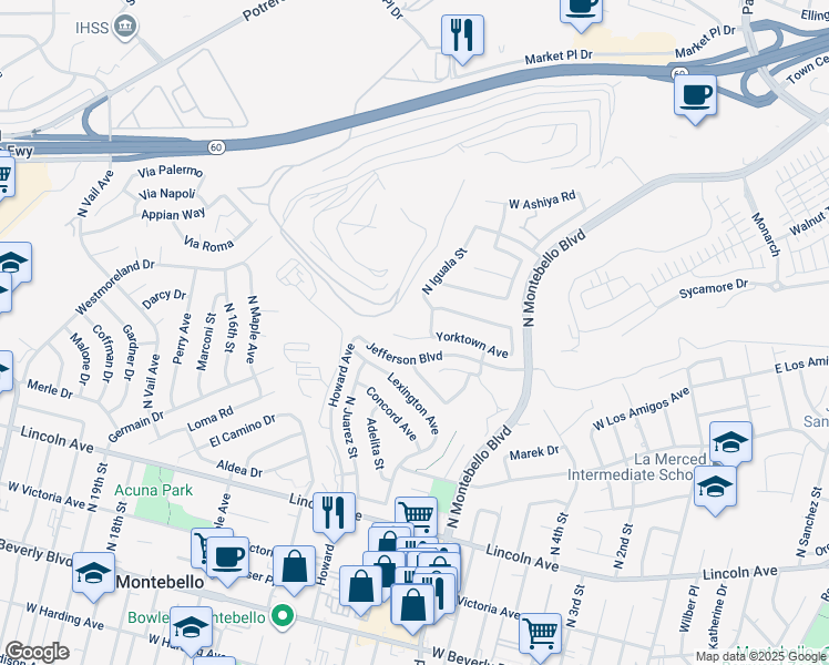 map of restaurants, bars, coffee shops, grocery stores, and more near 1010 Yorktown Avenue in Montebello