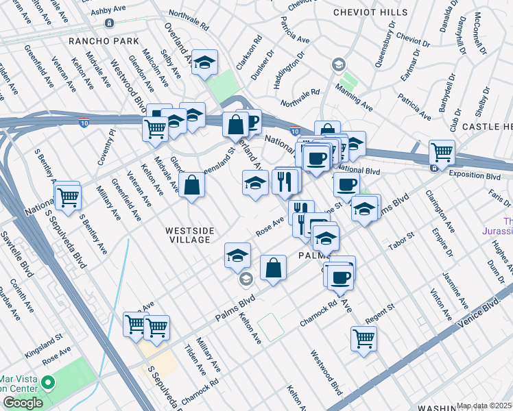 map of restaurants, bars, coffee shops, grocery stores, and more near 3261 Overland Avenue in Los Angeles