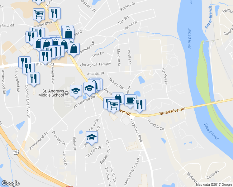 map of restaurants, bars, coffee shops, grocery stores, and more near 1030 Greenville Circle in Columbia