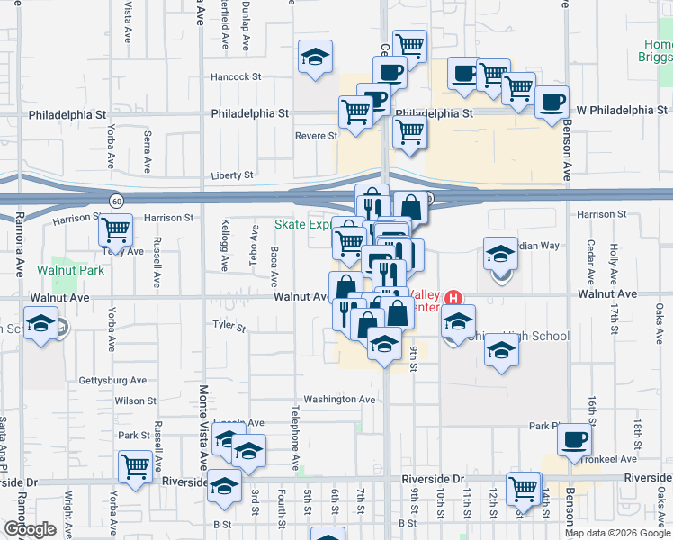 map of restaurants, bars, coffee shops, grocery stores, and more near 147 Marshall Avenue in Chino