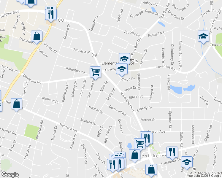 map of restaurants, bars, coffee shops, grocery stores, and more near 2717 Craig Road in Columbia