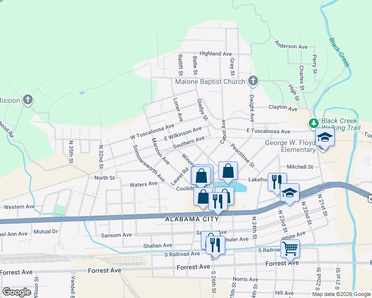 map of restaurants, bars, coffee shops, grocery stores, and more near 6 Primrose Road in Gadsden