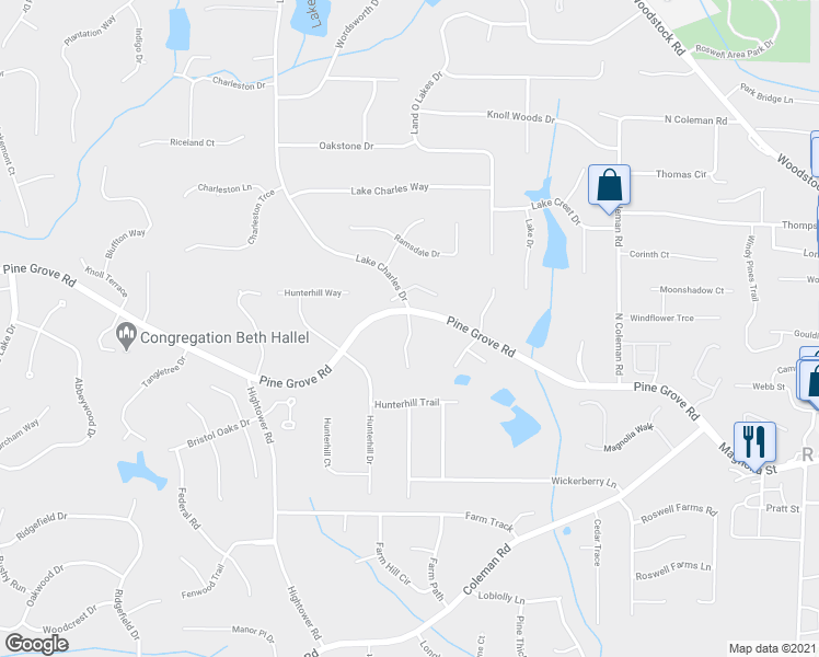 map of restaurants, bars, coffee shops, grocery stores, and more near 130 Pineridge Way in Roswell