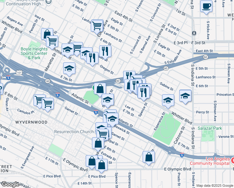 map of restaurants, bars, coffee shops, grocery stores, and more near 933 South Bernal Avenue in Los Angeles