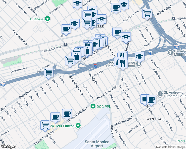 map of restaurants, bars, coffee shops, grocery stores, and more near 2497 Armacost Avenue in Los Angeles