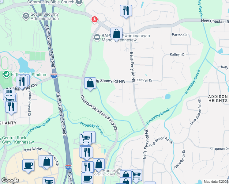 map of restaurants, bars, coffee shops, grocery stores, and more near 14 Briar Gate Court in Marietta