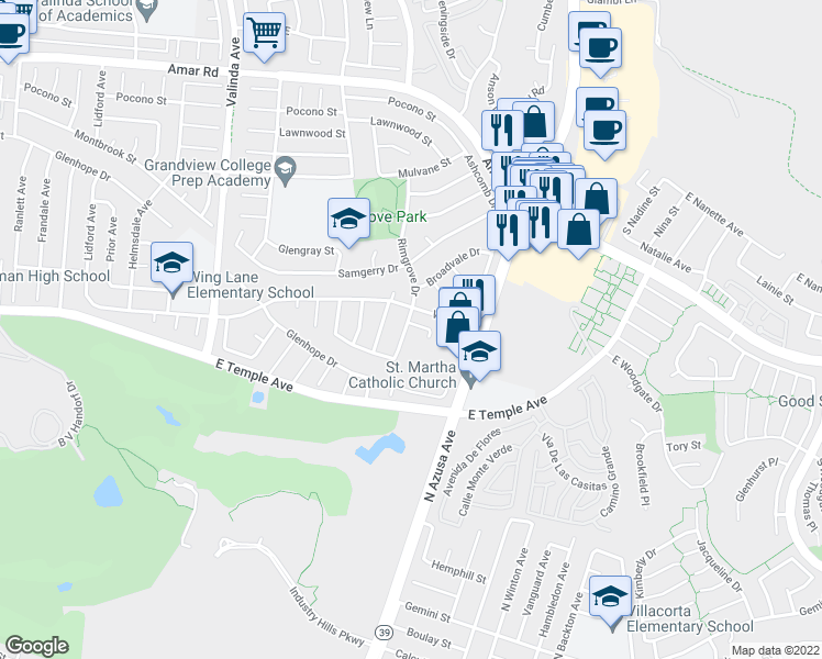 map of restaurants, bars, coffee shops, grocery stores, and more near 536 Rimgrove Drive in La Puente