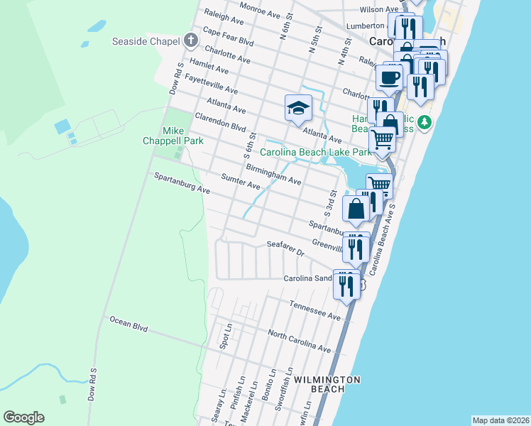 map of restaurants, bars, coffee shops, grocery stores, and more near 417 Spartanburg Avenue in Carolina Beach