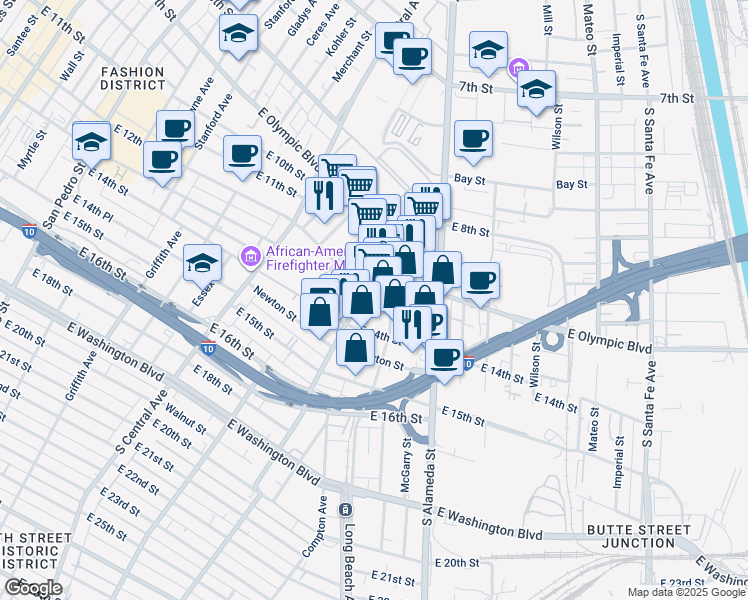 map of restaurants, bars, coffee shops, grocery stores, and more near 1216 Compton Avenue in Los Angeles