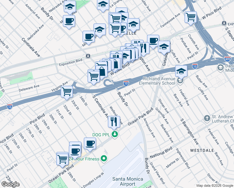 map of restaurants, bars, coffee shops, grocery stores, and more near 2481 South Bundy Drive in Los Angeles
