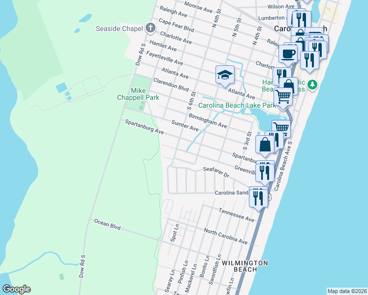map of restaurants, bars, coffee shops, grocery stores, and more near 512 Greenville Ave in Carolina Beach
