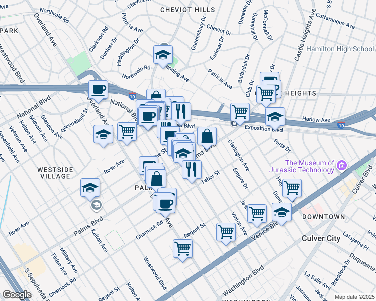 map of restaurants, bars, coffee shops, grocery stores, and more near 3431 Vinton Avenue in Los Angeles