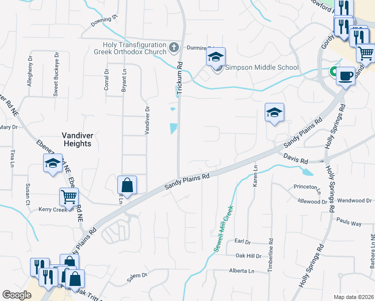 map of restaurants, bars, coffee shops, grocery stores, and more near 3150 Trickum Road in Marietta