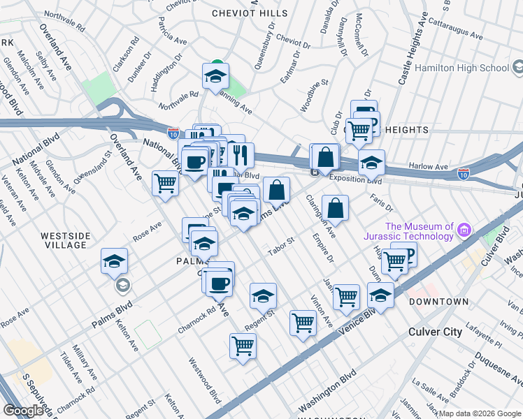 map of restaurants, bars, coffee shops, grocery stores, and more near 3455 Jasmine Avenue in Los Angeles