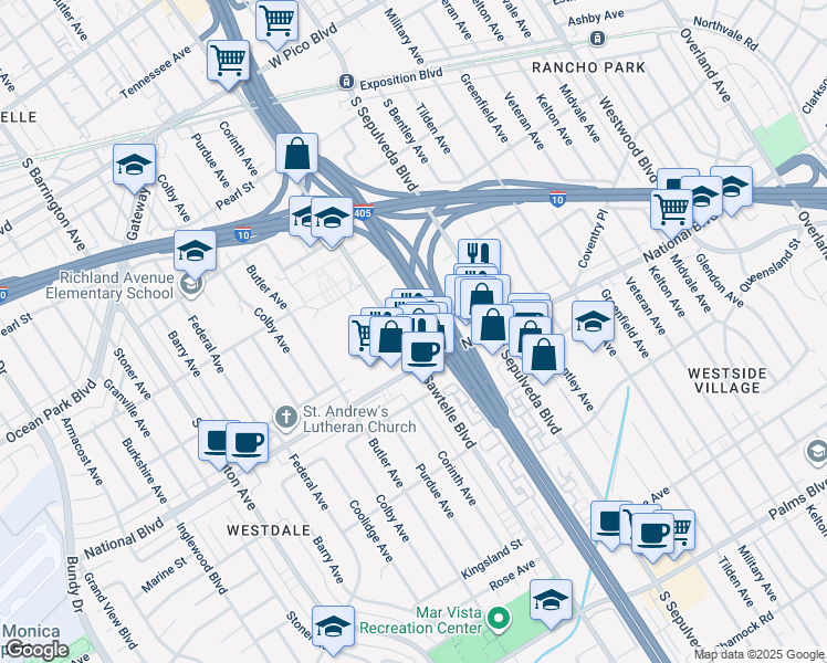 map of restaurants, bars, coffee shops, grocery stores, and more near 2884 Sawtelle Boulevard in Los Angeles