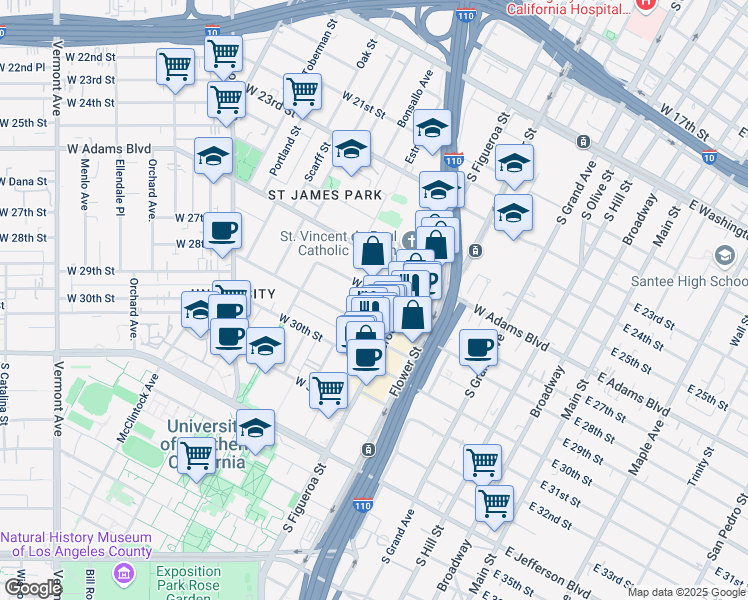 map of restaurants, bars, coffee shops, grocery stores, and more near 634 West 27th Street in Los Angeles