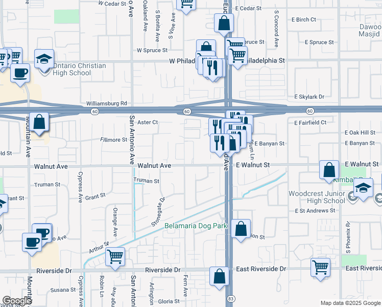 map of restaurants, bars, coffee shops, grocery stores, and more near 320 West Walnut Street in Ontario