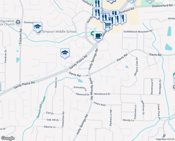 map of restaurants, bars, coffee shops, grocery stores, and more near 3160 Holly Springs Road in Marietta