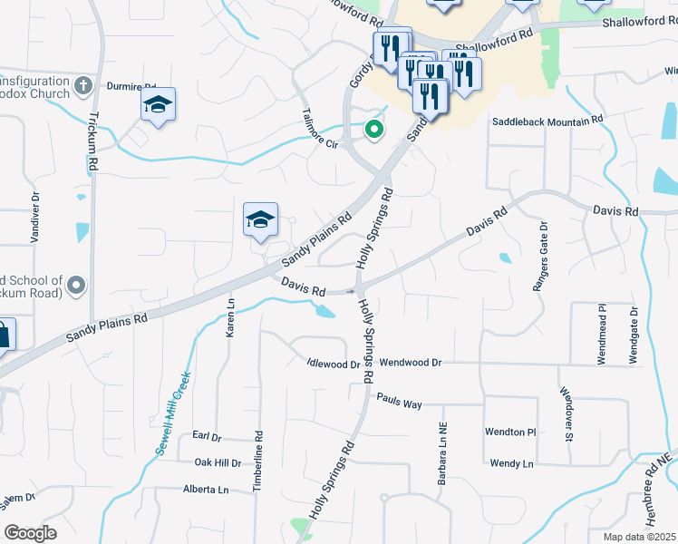 map of restaurants, bars, coffee shops, grocery stores, and more near 2848 Holly Oaks Drive in Marietta