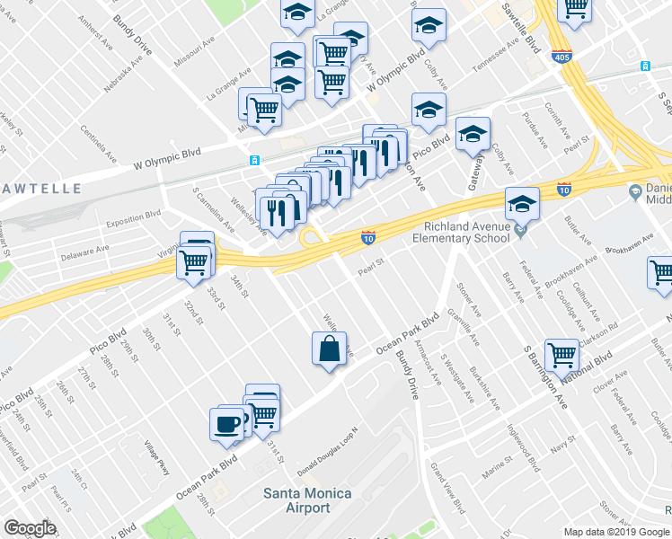 map of restaurants, bars, coffee shops, grocery stores, and more near 2481 South Bundy Drive in Los Angeles