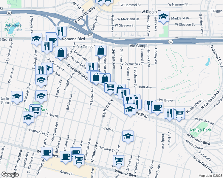 map of restaurants, bars, coffee shops, grocery stores, and more near 5734 Via San Delarro Street in East Los Angeles