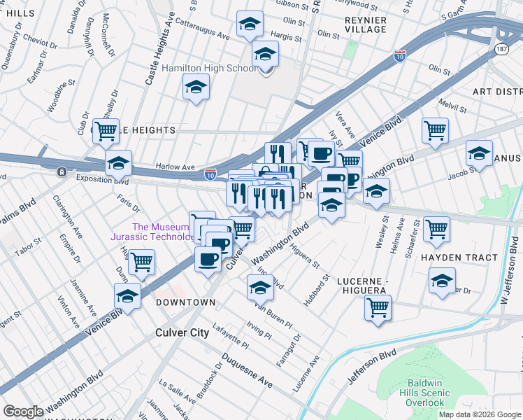 map of restaurants, bars, coffee shops, grocery stores, and more near 9015 Venice Blvd in Los Angeles