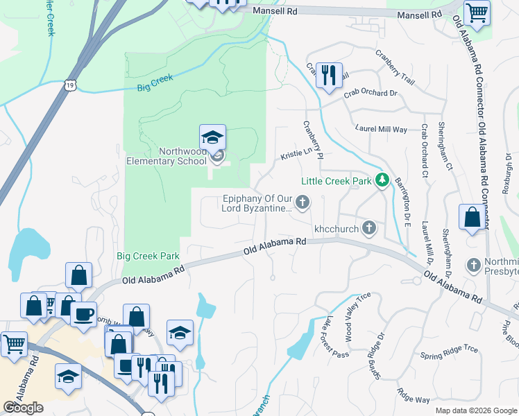 map of restaurants, bars, coffee shops, grocery stores, and more near 175 Tyson Circle in Roswell